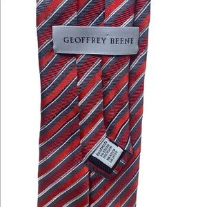 Geoffrey Beene red grey white striped  100% silk handmade tie